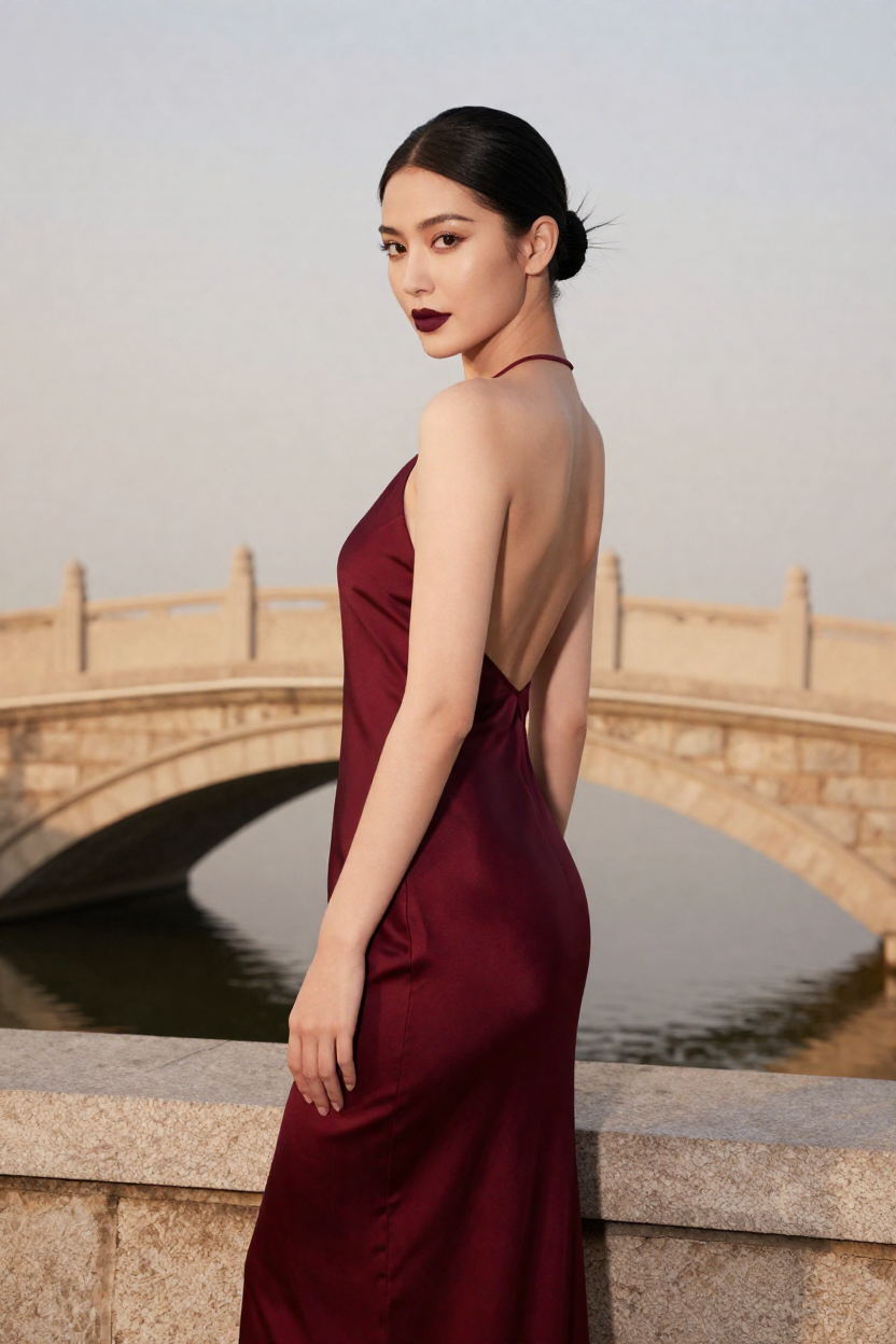 Fictional 27-year-old woman, long black hair gathered into an elegant low bun with a few loose
